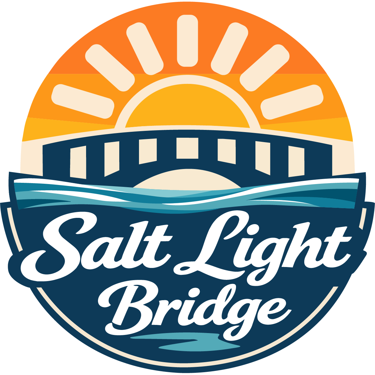 Circle Salt Light Bridge Logo with top orange background and off white sun rays and a navy bridge over teal and navy water with stacked White Scroll  font word: Salt, Light Bridge written in the navy water